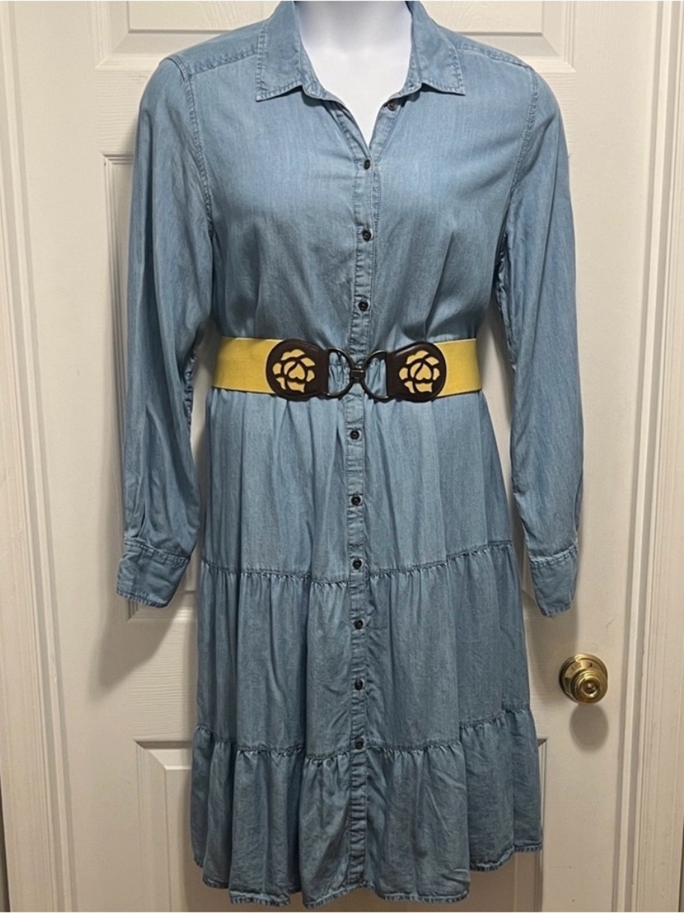 Time & Tru Chambray Button Up Shirt Dress XL w/ Optional Yellow Belt Blue Denim